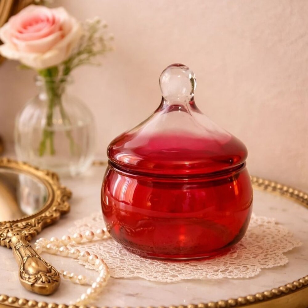 Imperial Ombre Cranberry Apothecary  Jar Glass Dome Lid Vintage Vanity Decor